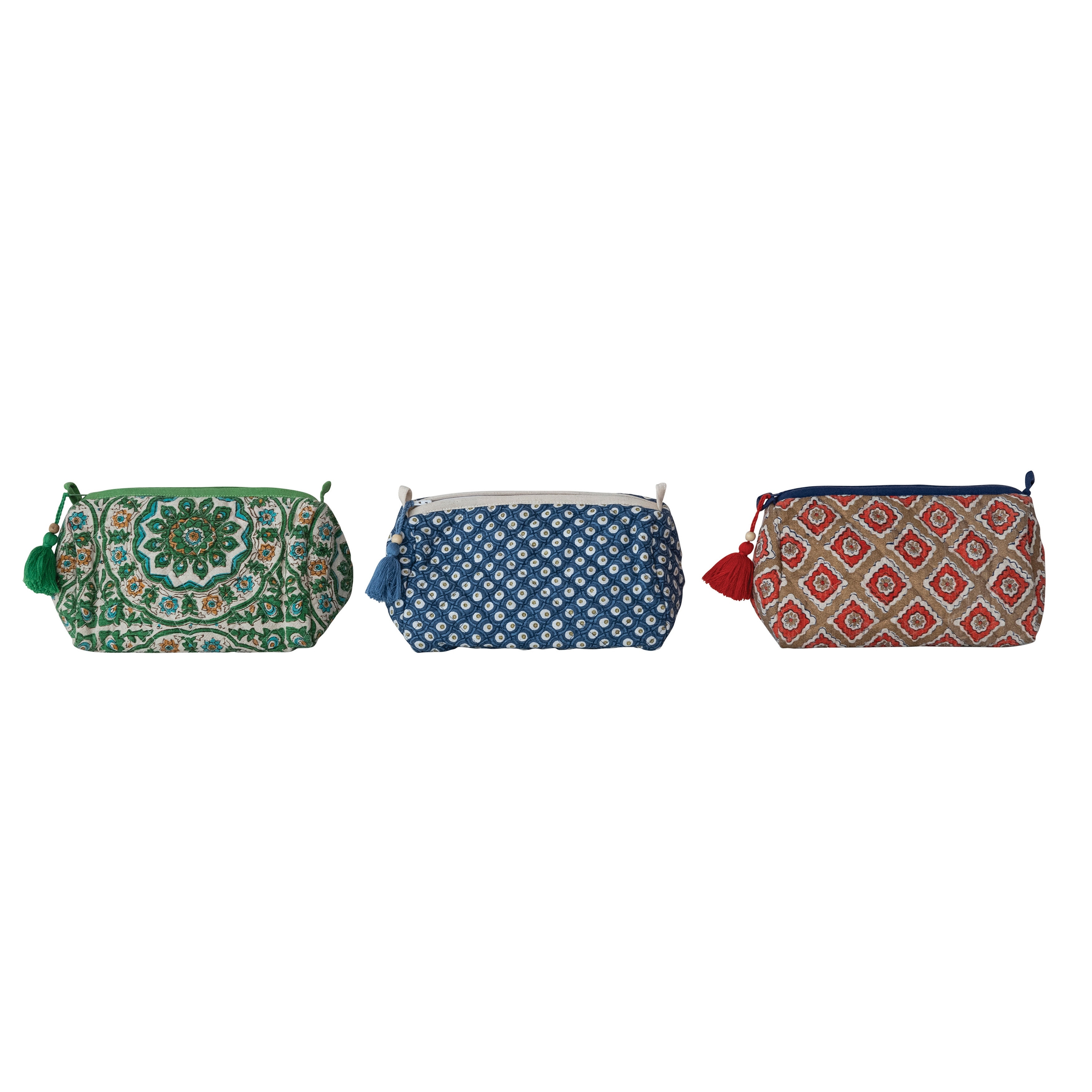 Quilted Cotton Slub Printed Zip Pouch with Pattern, Interior Lining, Wood Bead and Tassel - 9.0"L x 4.5"W x 4.5"H