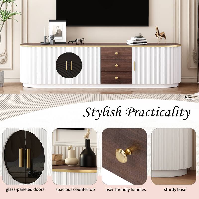 70.8" Luxe Woodgrain TV Stand with Gold Accents - 2 Glass-Front Cabinets and 3 Drawers, Cable Management