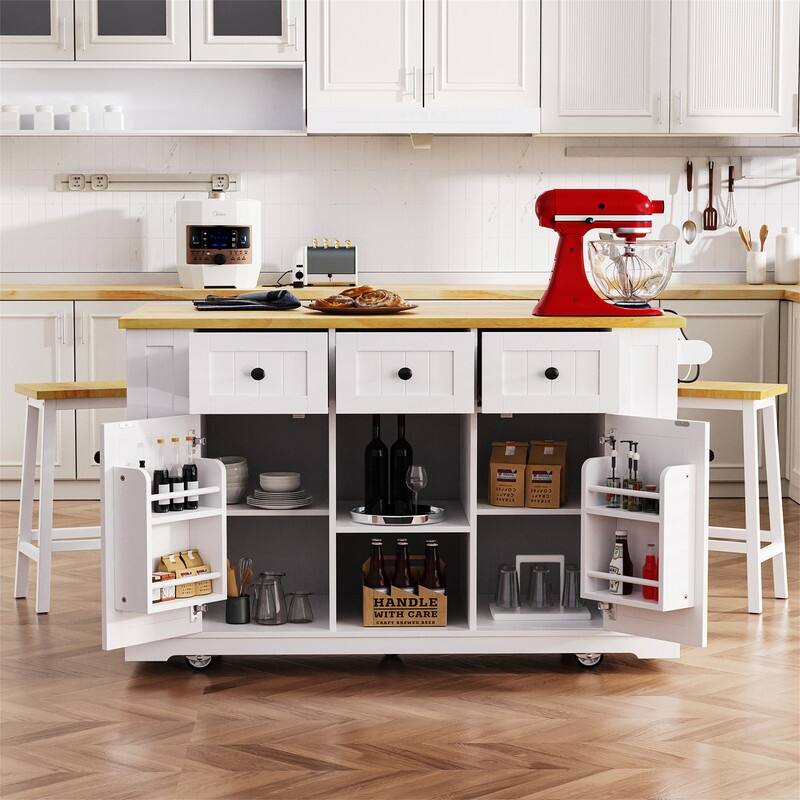 3-Piece/1 Piece Kitchen Island Set with/without 2 Bar Stools, Kitchen Cart on Wheels with 3 Drawers, Drop Leaf & Open Side Racks - Single Kitchen island-White