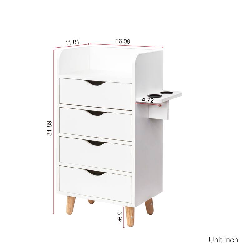 Roomfitters 4-Drawer White Salon Storage Cabinet with Hair Dryer Holders, Beauty Styling Organizer Station with Raised Legs