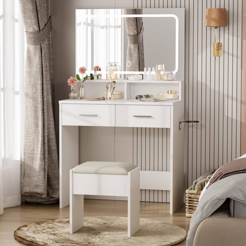 Makeup Vanity Table with LED Mirror, Stool, Power Outlets, 2 Drawers & Storage - White