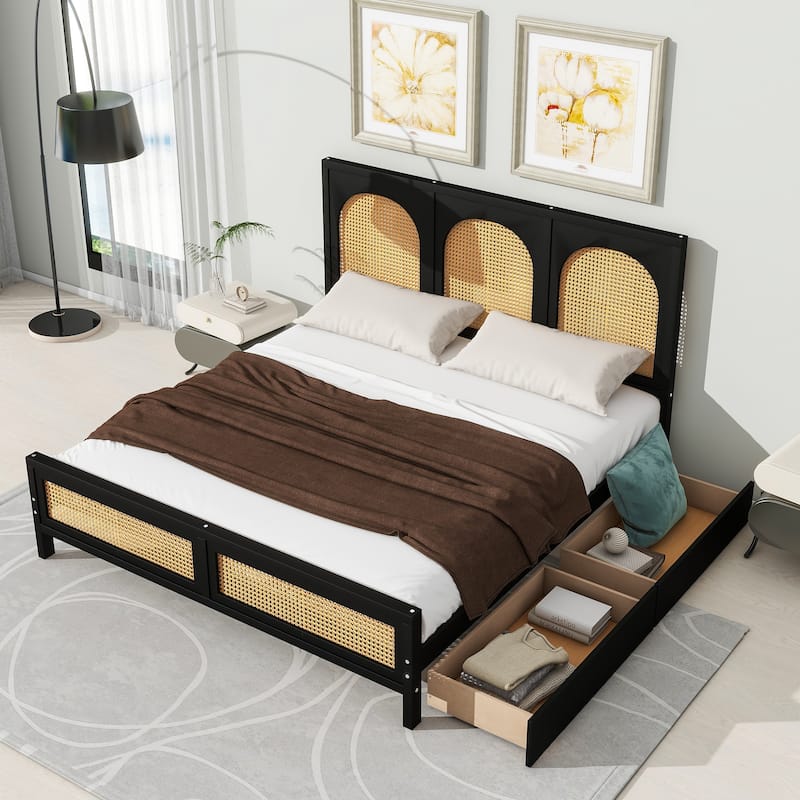 Queen Size Wood Platform Bed with Rattan Headboard, Footboard, and Storage Drawers