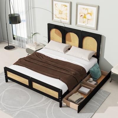 Queen Size Wood Rattan Platform Bed