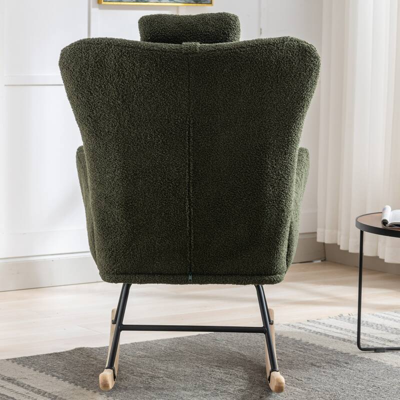 Teddy Fabric Wingback Rocking Chair for Nursery with Safe Solid Wood Base