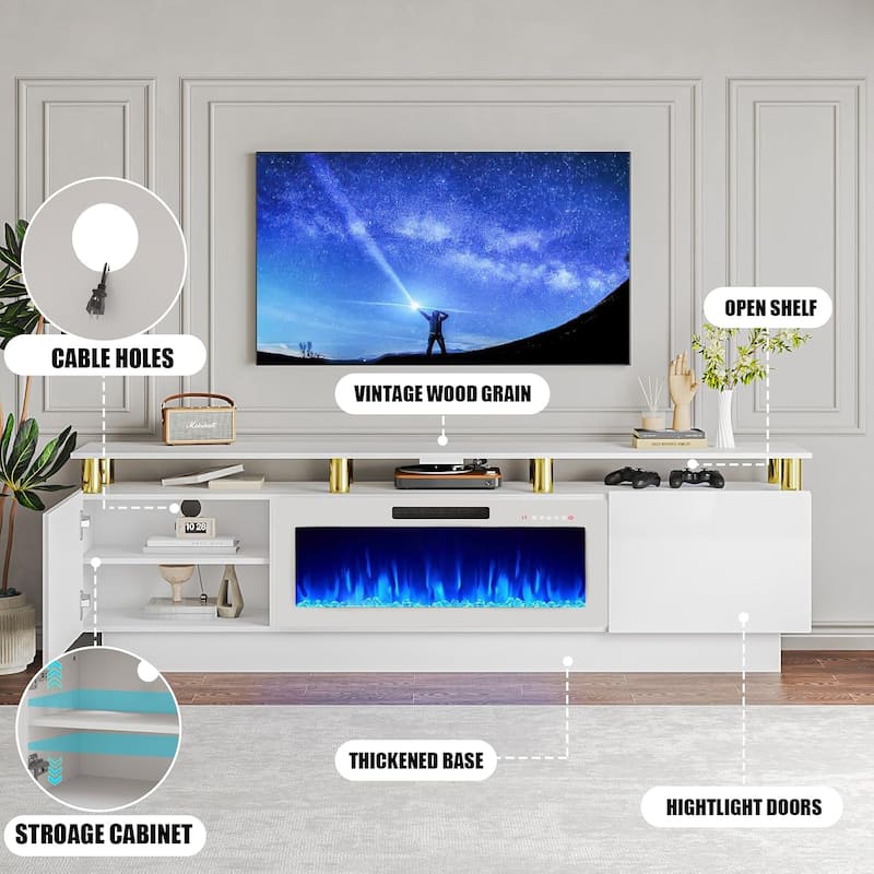 BOSSIN 80" TV Stand Entertainment Center with 36" Electric Fireplace, for TVs up to 90", High Gloss Cabinet with LED Light