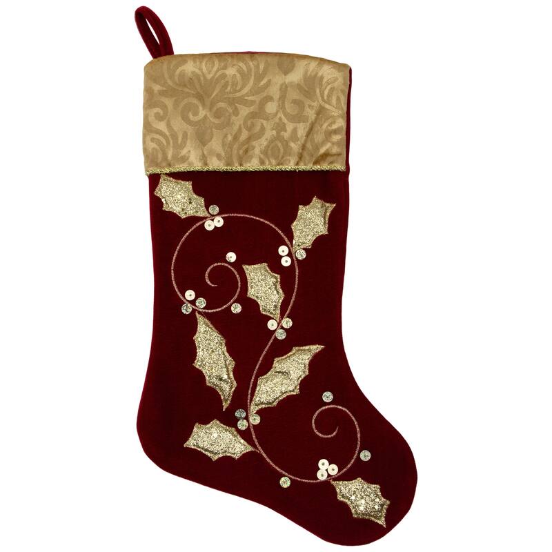 20.5-Inch Velvet Gold and Maroon Etched Cuff Christmas Stocking