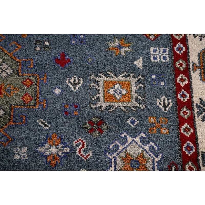 Geometric Blue Kazak Oriental Area Rug Hand-Knotted Wool Carpet - 7'11" x 9'9"