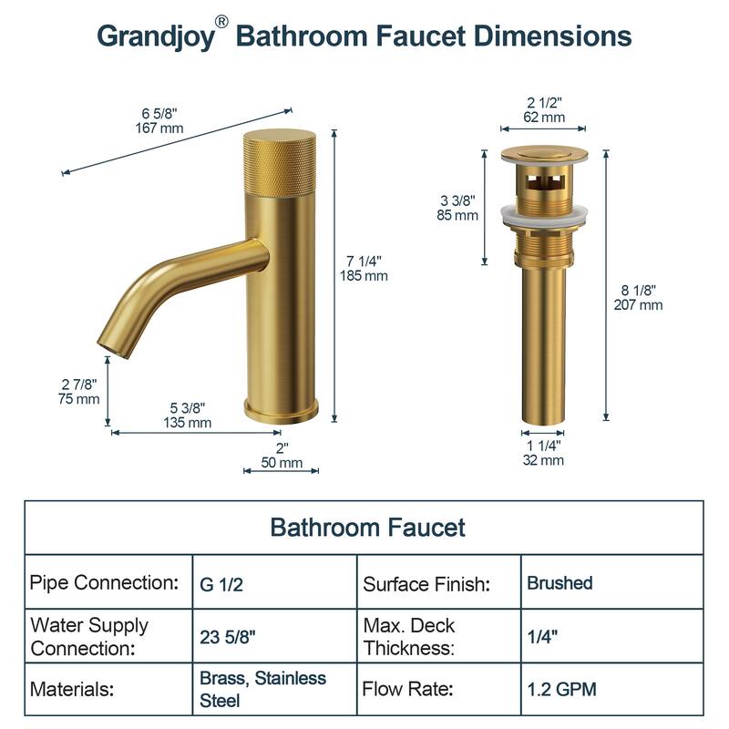 GRANDJOY Low-Arc Single Handle Vessel Sink Faucet with Pop-Up Drain, Compact Bathroom Design