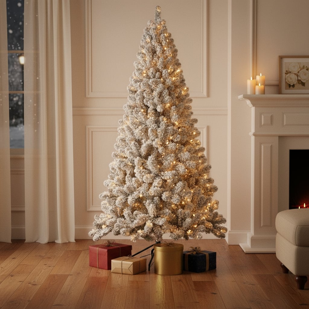 HomeRoots 6' White Pre Lit Full Flocked Fir Christmas Tree - 42.00 in. x 72.00 in. x 42.00 in.