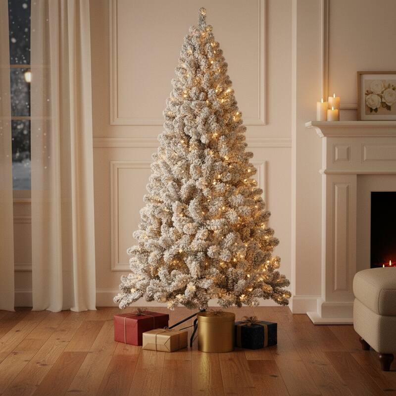 HomeRoots 6' White Pre Lit Full Flocked Fir Christmas Tree - 42.00 in. x 72.00 in. x 42.00 in. - White - 6 Foot