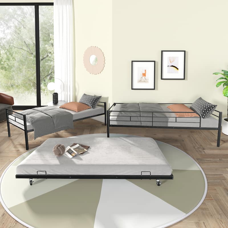 Convertible Twin Over Twin Bunk Bed with Trundle and Storage Space