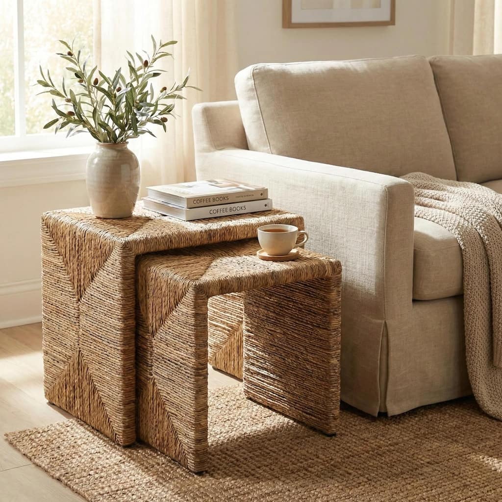 NPD Furniture Kanza Woven Abaca Rectangular Nesting Side Tables, Set of 2