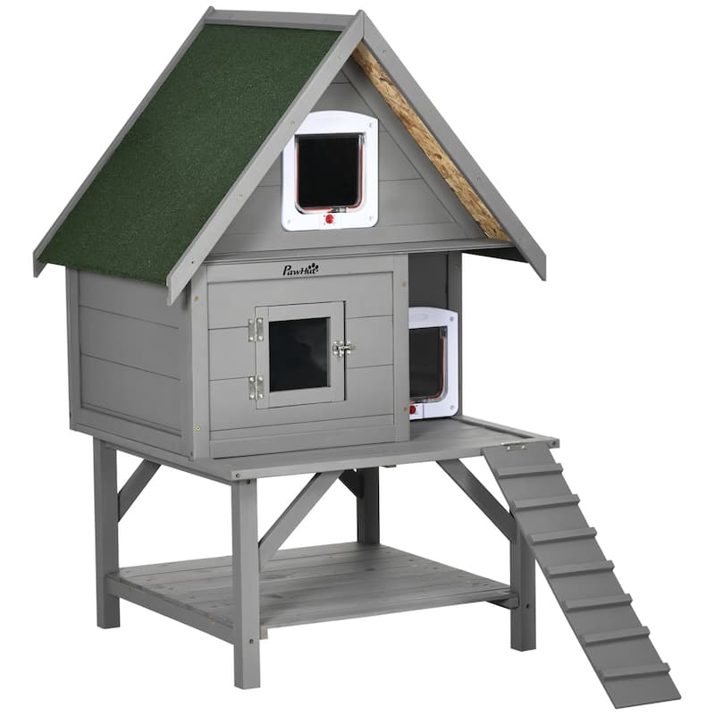 PawHut Wooden Cat House Outdoor with Escape Door, Weatherproof 3-Floor Cat Shelter for 1-2 Feral Cats - Grey
