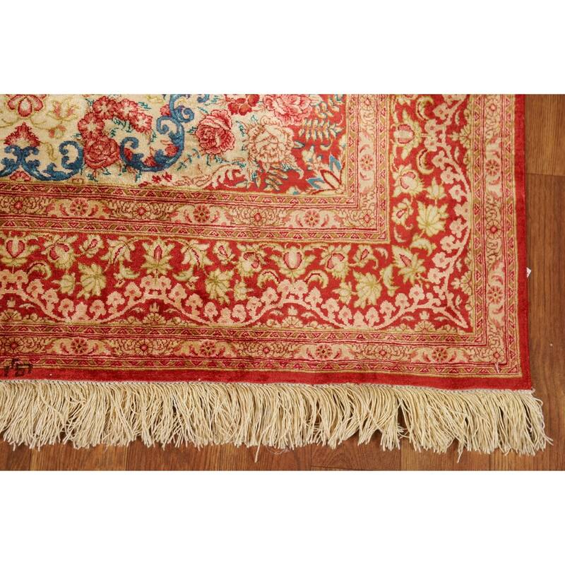 Gold Qum Persian Accent Rug Traditional Handmade Floral Silk Carpet - 3'3"x 5'0"