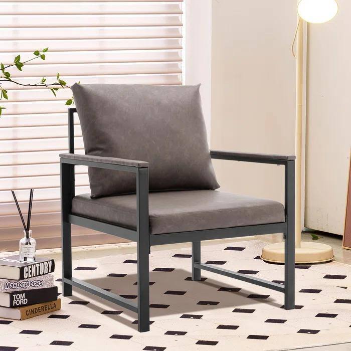 PU Leather Armchair, Modern Retro Leisure Reading Accent Chair with Soft Cushion and Mental Frame for Living Room, Office