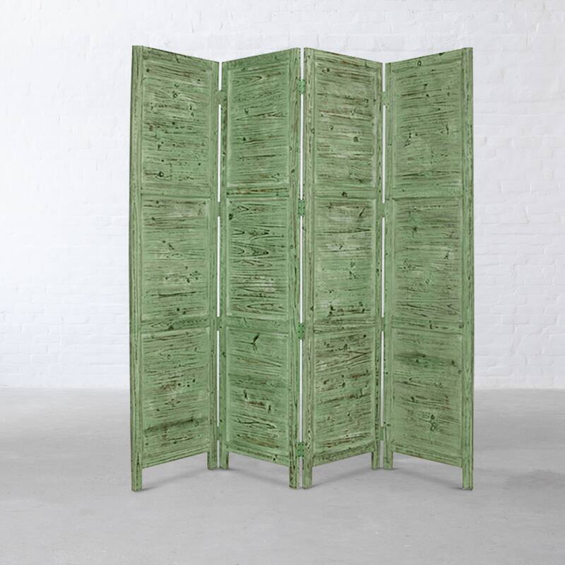 Wooden 4 Panel Foldable Floor Screen with Textured Panels, Green