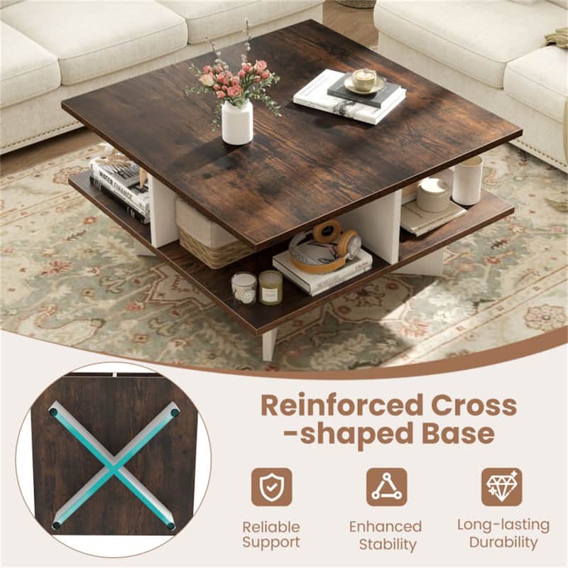 2-Tier 24” Square Wooden Living Room Coffee Table with 4 Storage Compartments and Cross Base - 24" x 24" x 13"