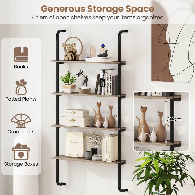 Costway 1/2 PCS 4-Tier Wall-mounted Ladder Shelf Display Bookshelf