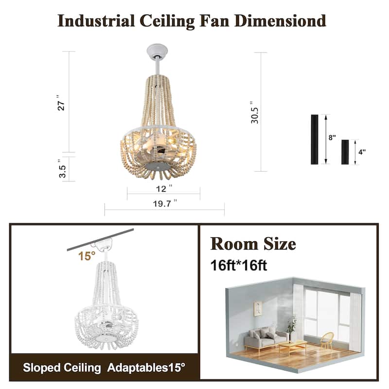 Bella Depot 20" Bohemian Wood Ceiling Fan 4 Lights Pendant Light with Remote for Hallway Kitchen Island - 20 Inches