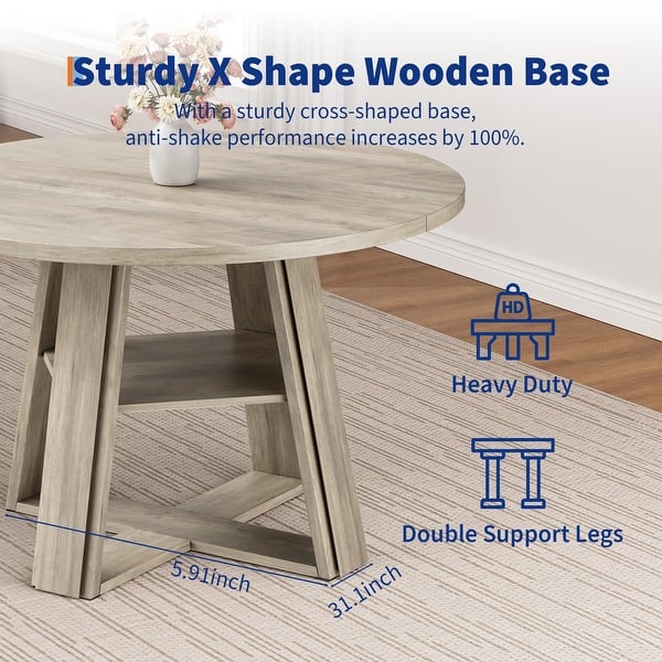 dimension image slide 3 of 6, Farmhouse 43" Round Dining Table with Sturdy Wooden Pedestal, Built-in Storage Shelf