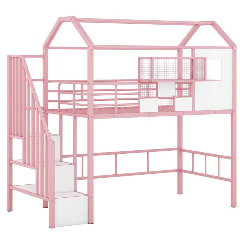 Metal Loft Bed for Kids with Roof Design, Storage Box, and Guardrails - Twin Size, Perfect for Small Spaces