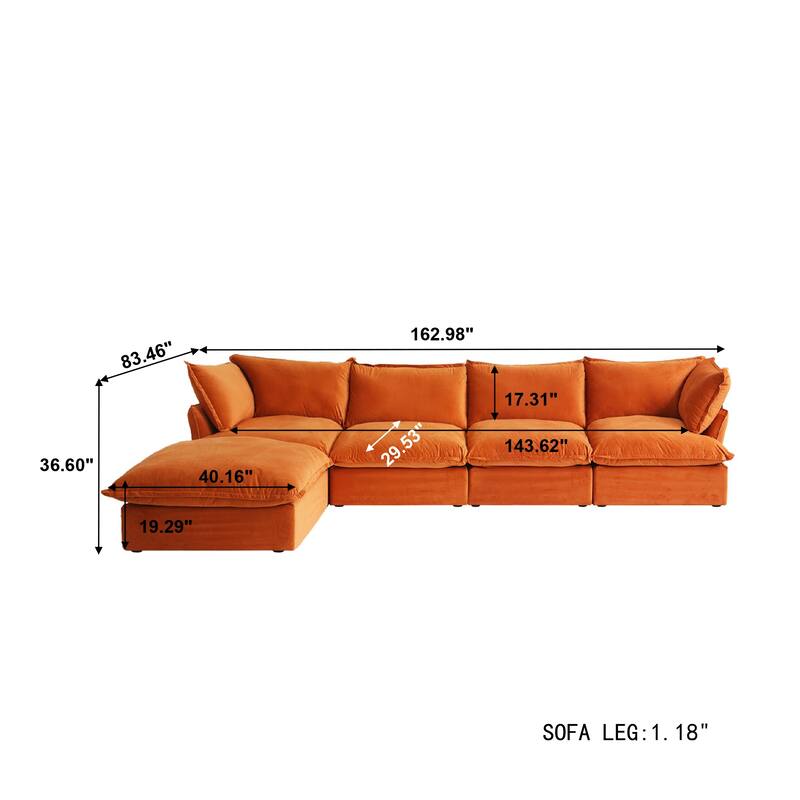 L-shaped 5-piece Wide Velvet Upholstery Sectional Sofa Couch with Storage Ottomans