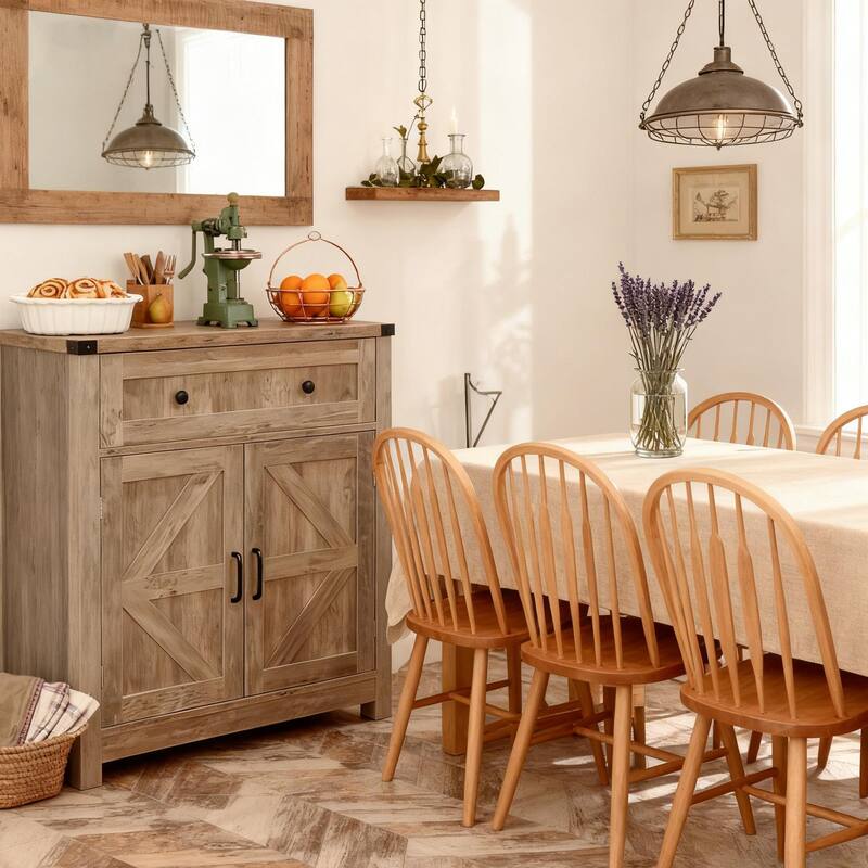 Farmhouse Barn-Door Storage Cabinet, Coffee Bar Buffet Sideboard with Drawer for Kitchen & Living Room