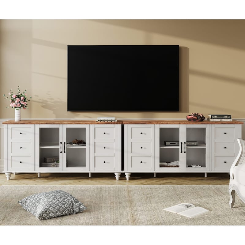 WAMPAT Farmhouse Glass Door TV Stand for up to 110" TVs, Modern Entertainment Center with Storage
