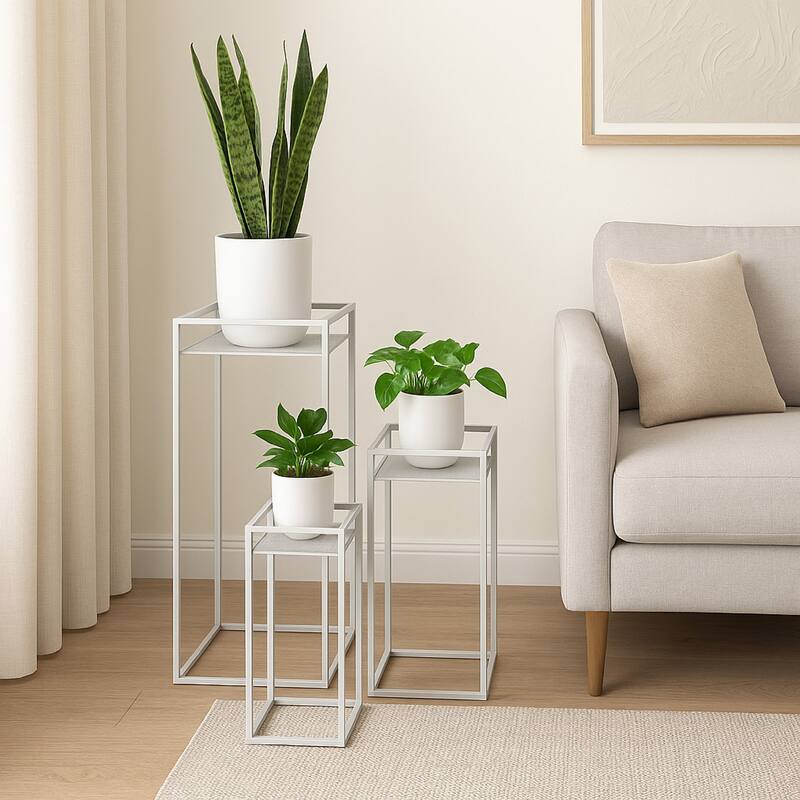 Sano Plant Stand Table Set of 3, Mesh Pattern, White Metal, Square