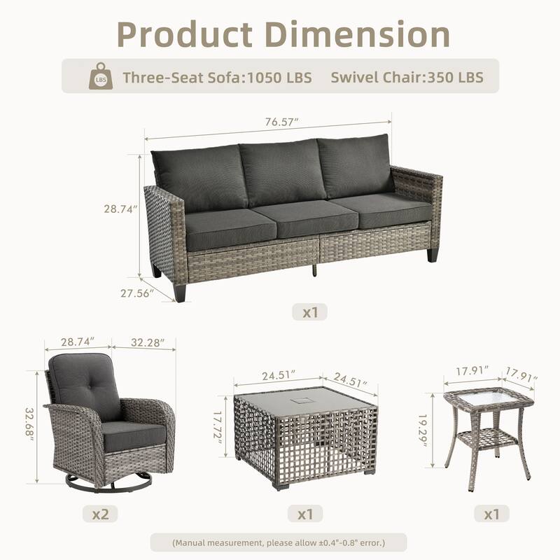 XIZZI Outdoor Patio Furniture Grey Wicker Conversation Seating Set