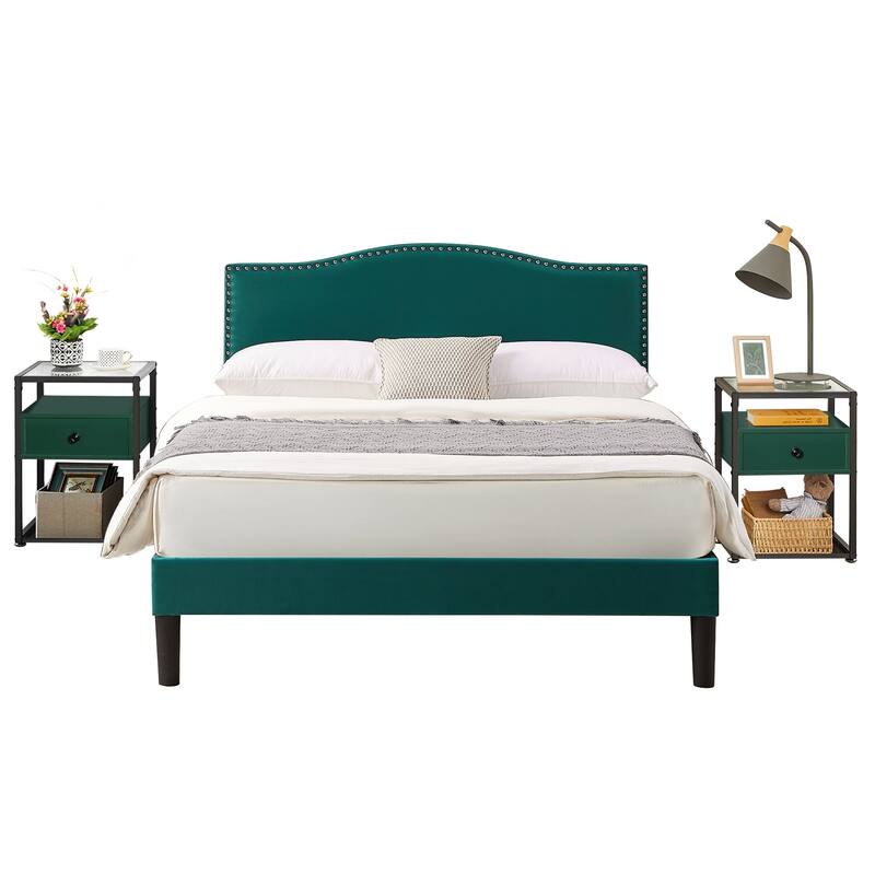 VECELO, Five Colors, 3-Pieces Upholstered Platform Bed Frame with Adjustable Headboard and Nightstands Set of 2