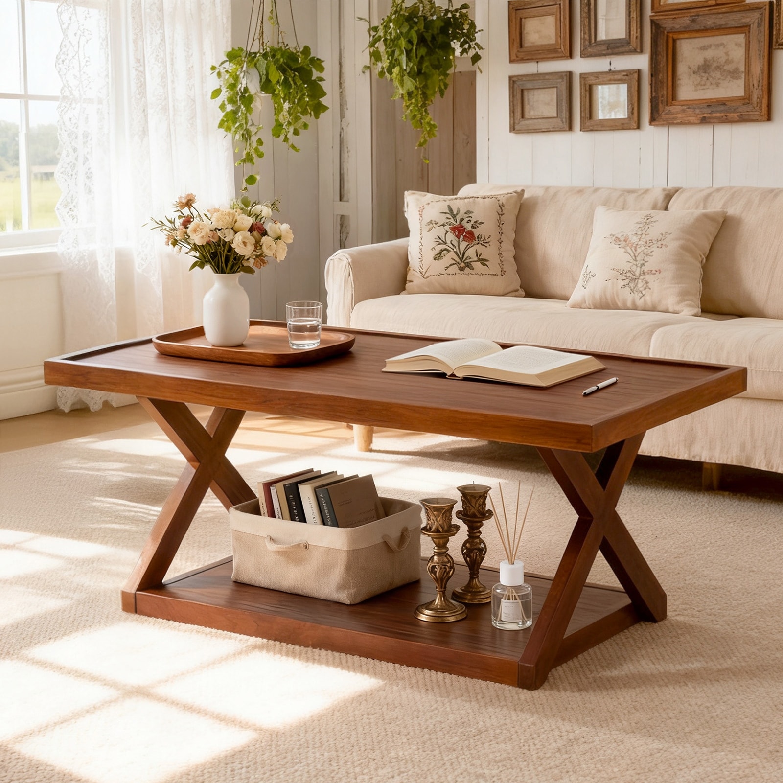 2-Tier Rectangular Solid Oak Wood Coffee Table with Cross Legs - 40.23"L x 21.17"W x 16.54"H