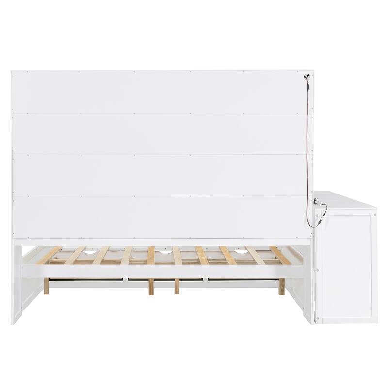 Full Size Wooden Daybed with Built In Desk, Charging Station, Versatile LED Platform Sofa Bed Frame