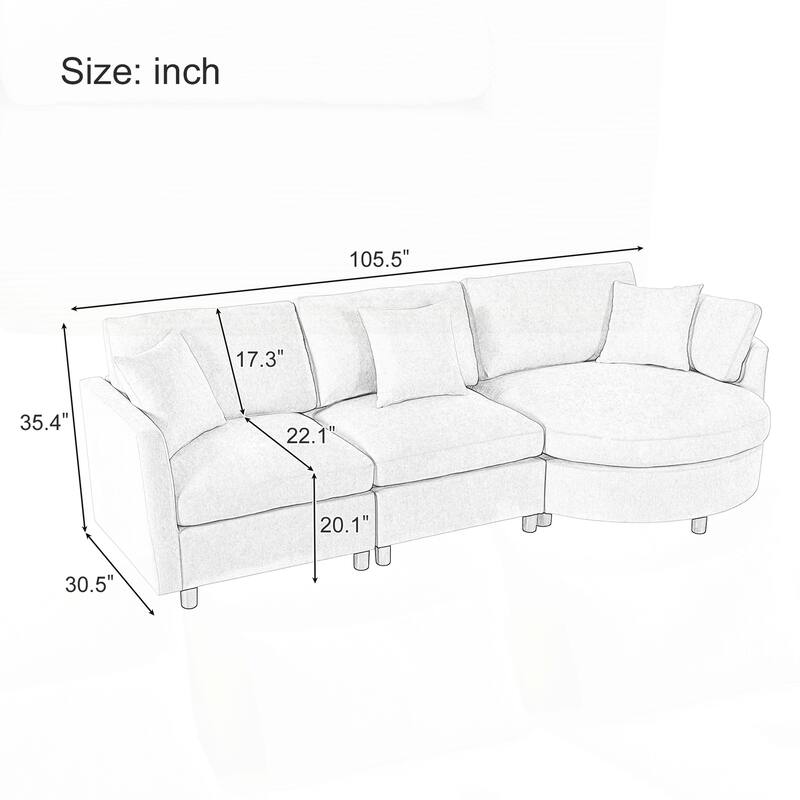 3-Piece Sectional Sofa with Curved Chaise and 3 Throw Pillows - Perfect for Living Rooms, Offices