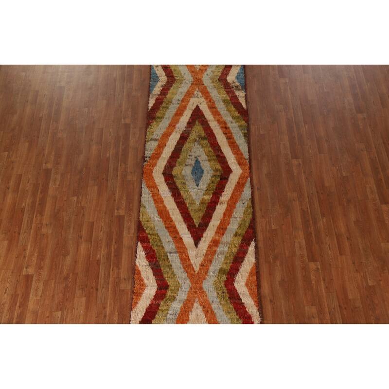 Hand Knotted Oriental 100% Wool Carpet Modern Geometric Multi-Colored Moroccan Runner Rug - 13' 3'' X 3' 2''