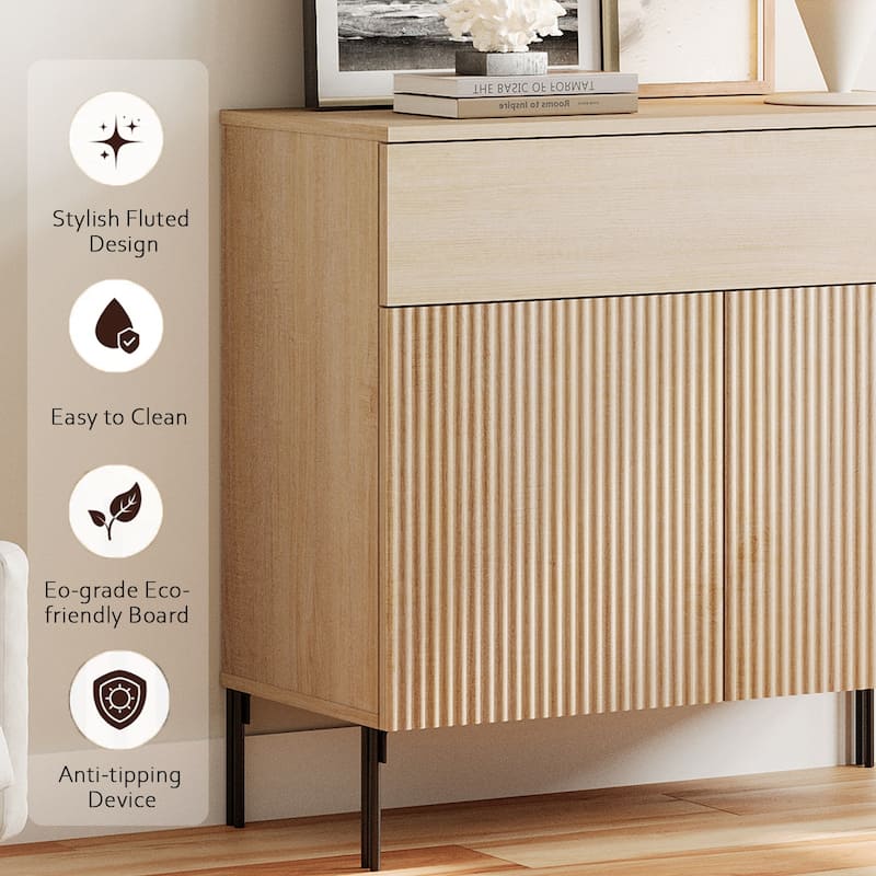 63" Wooden Reeded Sideboard With Doors And Drawers, 3-In-1 Modern Credenza With Charging