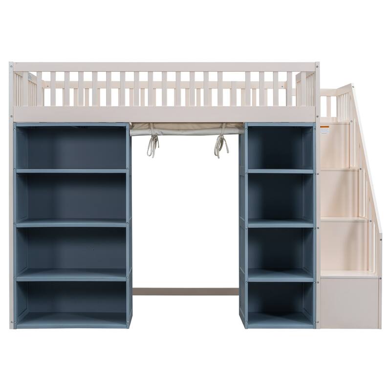 Full Size Loft Bed with Storage Staircase, 2 Cabinets, Blackout Curtain, and Space-Saving Design, White & Blue