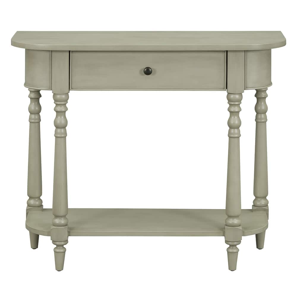 Narrow Console Table with Curved Corner, Solid Pine Wood Entryway Table, 36" Living Room Sofa Table with Drawer and Open Shelf