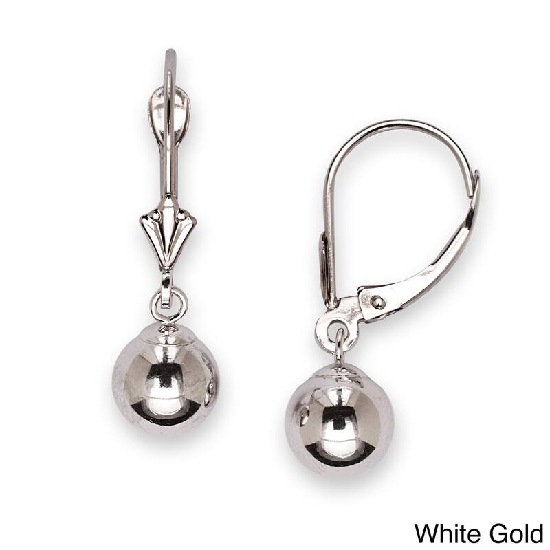 Curata 14k Yellow or White Gold 6 mm Ball Drop Lever Back Dangle Earrings