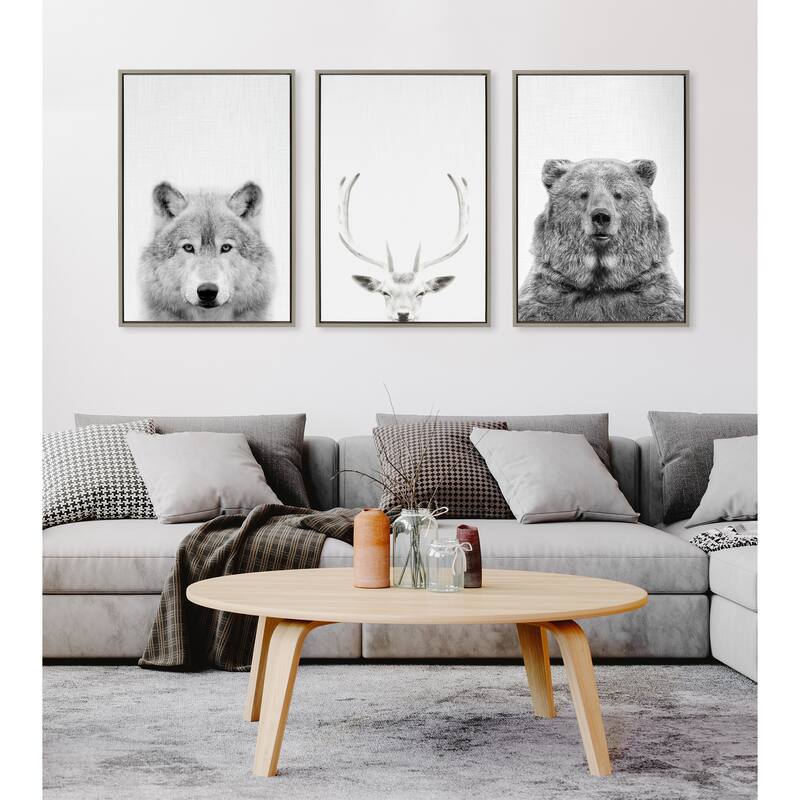 Kate and Laurel Sylvie Wolf And Bear Framed Canvas Set by Tai Prints - Gray
