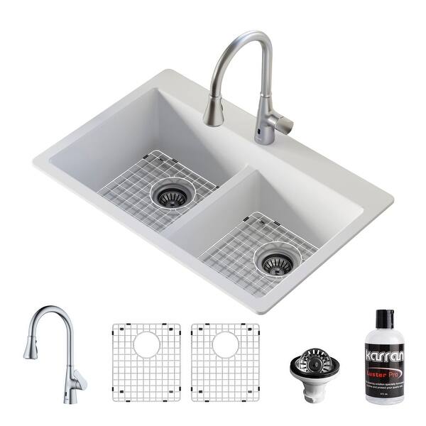 slide 2 of 11, Karran 33" Top Mount Double Bowl 50/50 Quartz Kitchen Sink in White with Kitchen Faucet in Stainless Steel