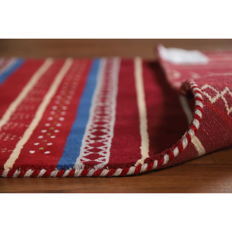 Striped Red Gabbeh Indian Runner Rug Hand-Knotted Wool Carpet - 2'7" x 7'8"