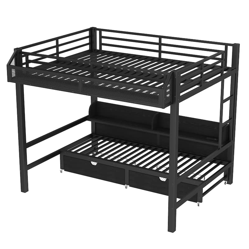 Queen over Queen Bunk Bed with Storage Shelves & Drawers, USB Ports & LED Lights, Convertible Sofa Lower Bed