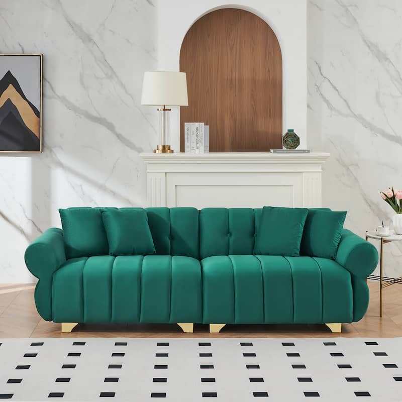 spring-wrapped Sofa cushions with stylish metal feet and 4 throw pillows