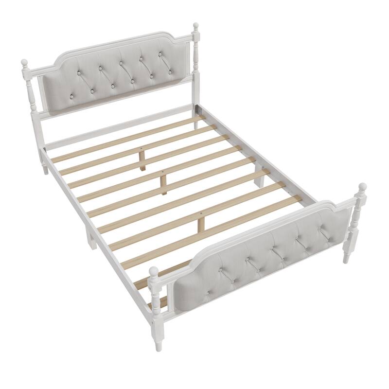 Traditional Style Solid Wood Platform Bed Frame with Upholstered Tufted Headboard, Wooden Slats Support, No Box Spring Needed