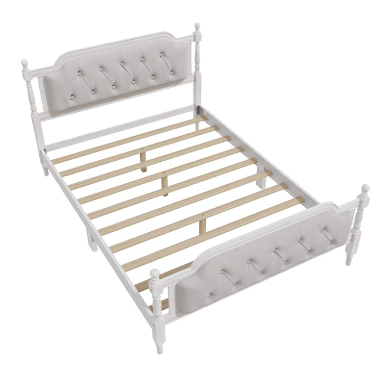 Wood Bed Frame with Button Tufted Headboard and Footboard, Upholstered Bed Four Poster Bed, No Box Spring Needed