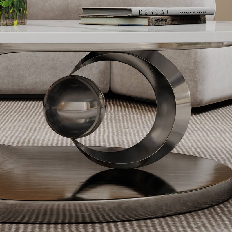 Modern Coffee Table Fish Belly White Marble Coffee Table Stainless Steel Base and Adjustable Feet, for Living Room