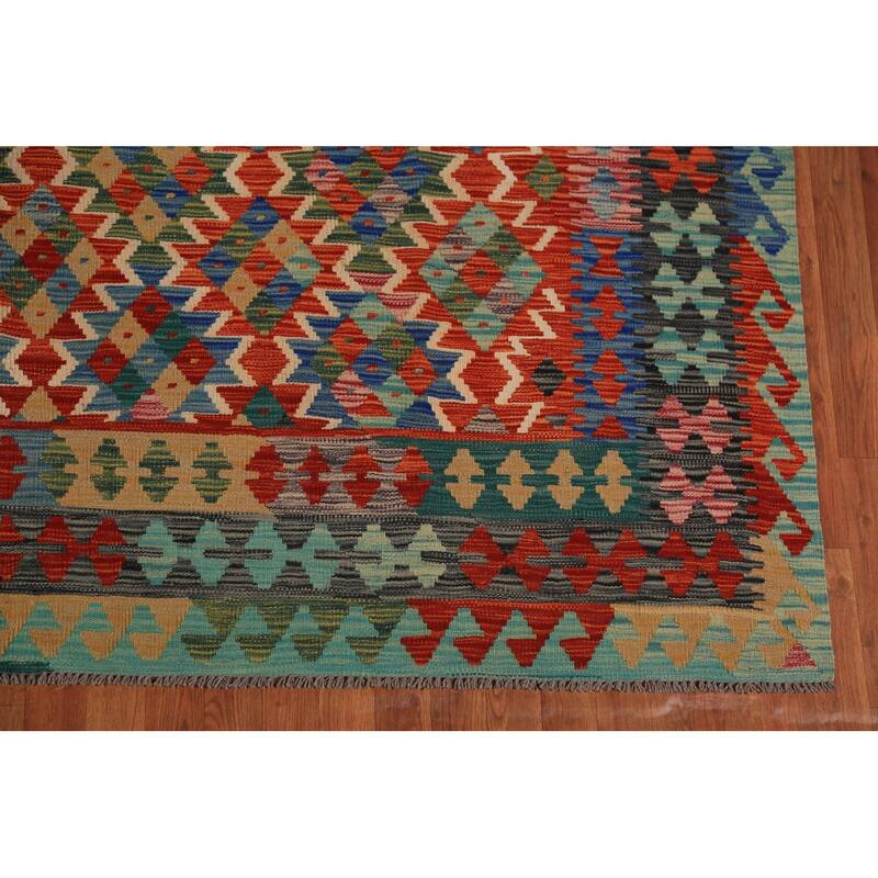 Kilim Oriental Area Rug Hand-Woven Geometric Wool Carpet - 8'3"x 9'8"