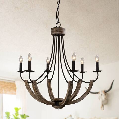 30" Distressed Wooden 6-light Chandelier Candle Style Hanging Lights - 33.5" H x 30" D
