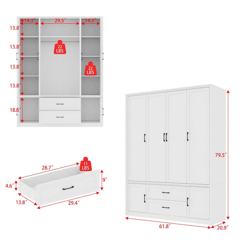 6 Doors Wardrobe Closet Armoire with Hanging Rail White/Brown Large Cabinet